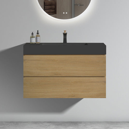 U092-Alice36W-106 Alice 36' Natural oak Bathroom Vanity with Sink, Large Storage Wall Mounted Floating Bathroom Vanity for Modern Bathroom, One-Piece Black Sink Basin without Drain, Pre-assembled
