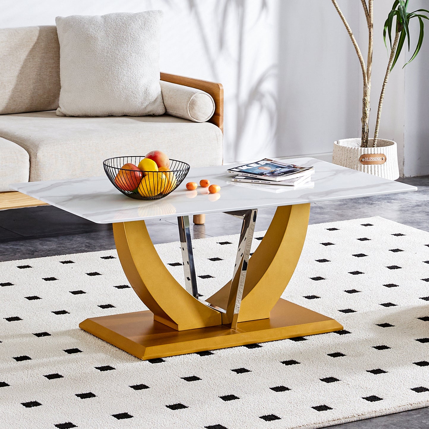 Coffee table.Modern minimalist Tempered glass with sticker desktop ,golden MDF legs and stainless steel decorative columns. Lightweight and easy to move. CT-907 W1151P149682