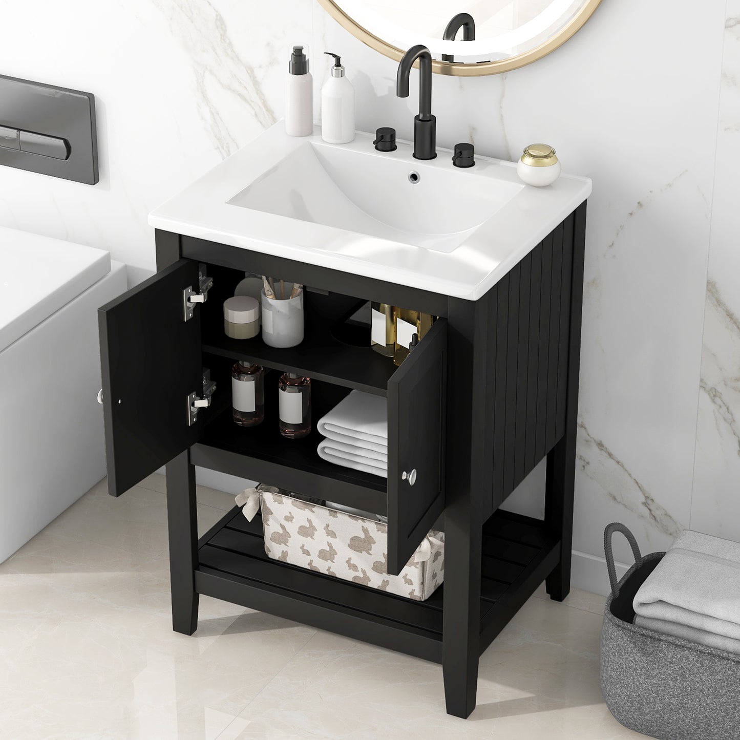 [VIDEO] 24' Black Modern Sleek Bathroom Vanity Elegant Ceramic Sink with Solid Wood Frame Open Style Shelf