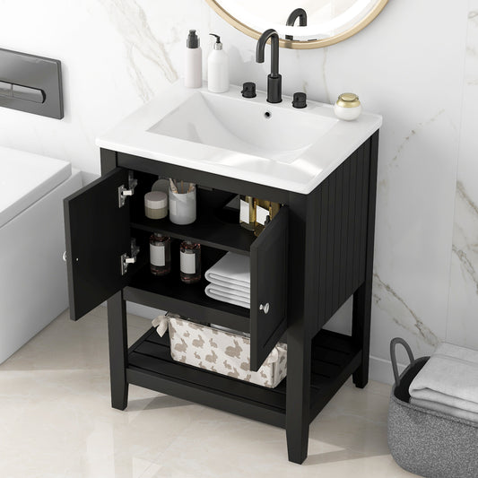 [VIDEO] 24' Black Modern Sleek Bathroom Vanity Elegant Ceramic Sink with Solid Wood Frame Open Style Shelf