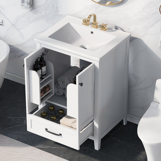 24' Bathroom Vanity with Sink, Bathroom Vanity Cabinet with One Drawer and Doors, Solid Wood and MDF, White
