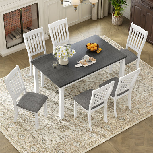 TREXM 7-Piece Dining Table Set for 6  with Upholstered Chairs, Wood Dining Table Set with Shaped Legs for Kitchen & Dining Room (Gray+White)