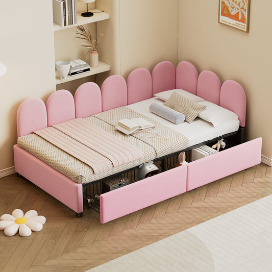 Twin size Upholstered Daybed with 2 Drawers, Velvet Sofabed with Soft Fabric Headboard, No Box-spring Needed, Pink