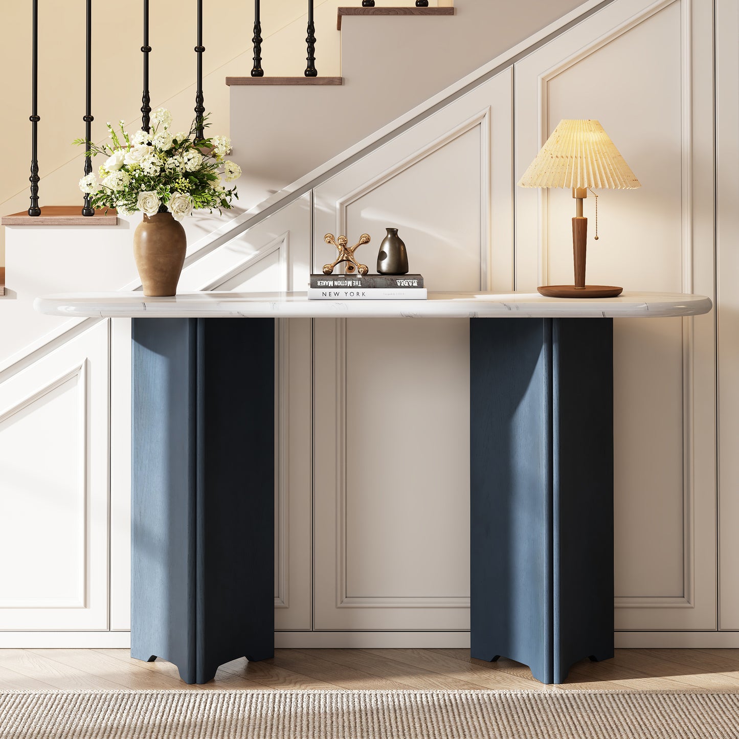 TREXM Narrow Console Table, Entryway Table with Oval Faux Marble Top, Rustic Sofa Table with Curved Legs, Hallway Accent Table for Entrance and Living Room (Navy+White)
