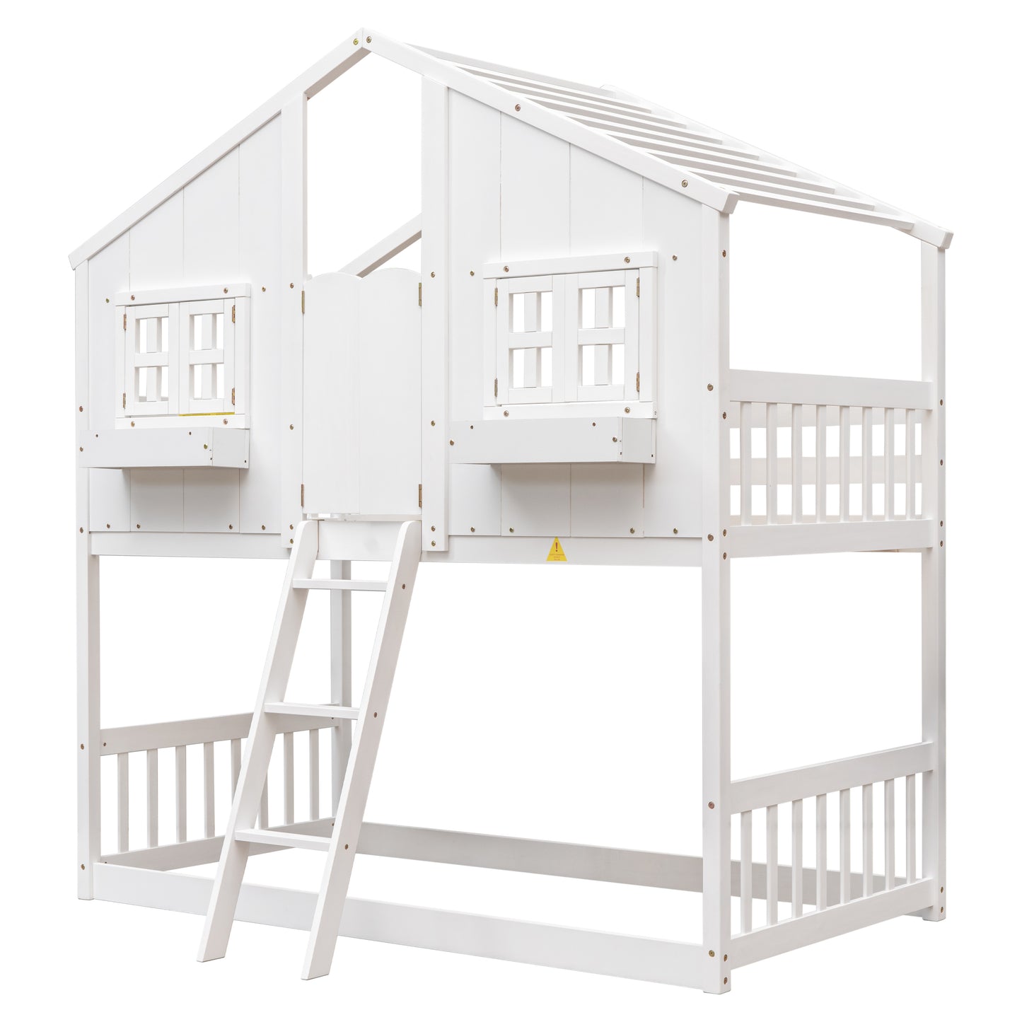 Twin Over Twin House Bunk Bed with Roof, Window, Box, Door, Safety Guardrails and Ladder, White