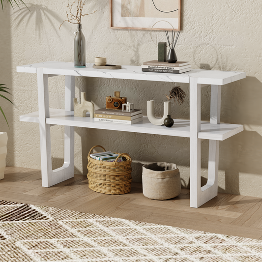 TREXM Narrow Console Table with Marble-Effect Top, Retro Entryway Table with Open Shelf, Sofa Table for Entryway, Hallway and Living Room (Antique White)