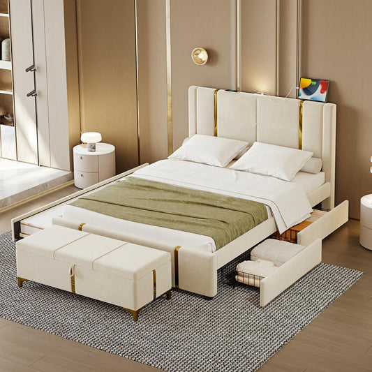 2-Pieces Bedroom Sets,Queen Size Upholstered Platform Bed with Trundle Bed, 2 Drawers,Night Light and USB Charge,Storage Ottoman with Metal Legs,Beige