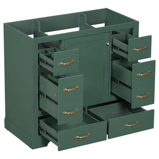 36' Bathroom Vanity without Sink, Cabinet Base Only, Six Drawers, Multi-Functional Drawer Divider, Adjustable Shelf, Green