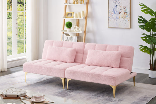 71' Convertible  sofa bed futon with gold metal legs teddy fabric (Pink)