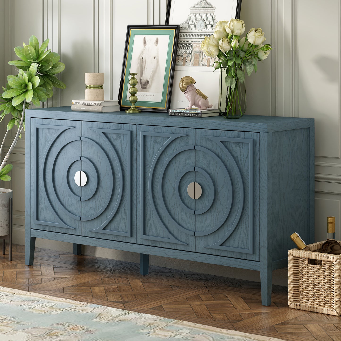 TREXM Retro Sideboard door with Circular Groove Design Round Metal Door Handle for Entrance, Dinning Room, Living Room (Antique Blue)