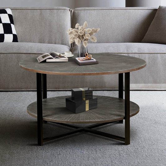 31.5'D x 31.5''W x 18.3''H Round Coffee Table With 2-Tier Storage, Farmhouse Living Room Cocktail Table With Black Metal Leg,Patchwork Desktop Effect Easy Assembly(Antique Brown)