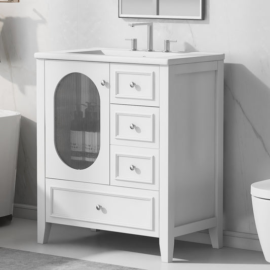 30' Bathroom Vanity with Sink, Bathroom Vanity Cabinet with Three Drawers and Door, Solid Wood and MDF, White
