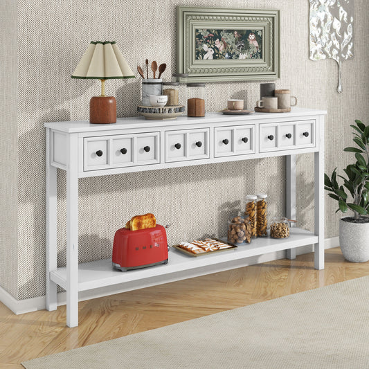 TREXM Rustic Entryway Console Table, 60' Long Sofa Table with two Different Size Drawers and Bottom Shelf for Storage (Antique White)