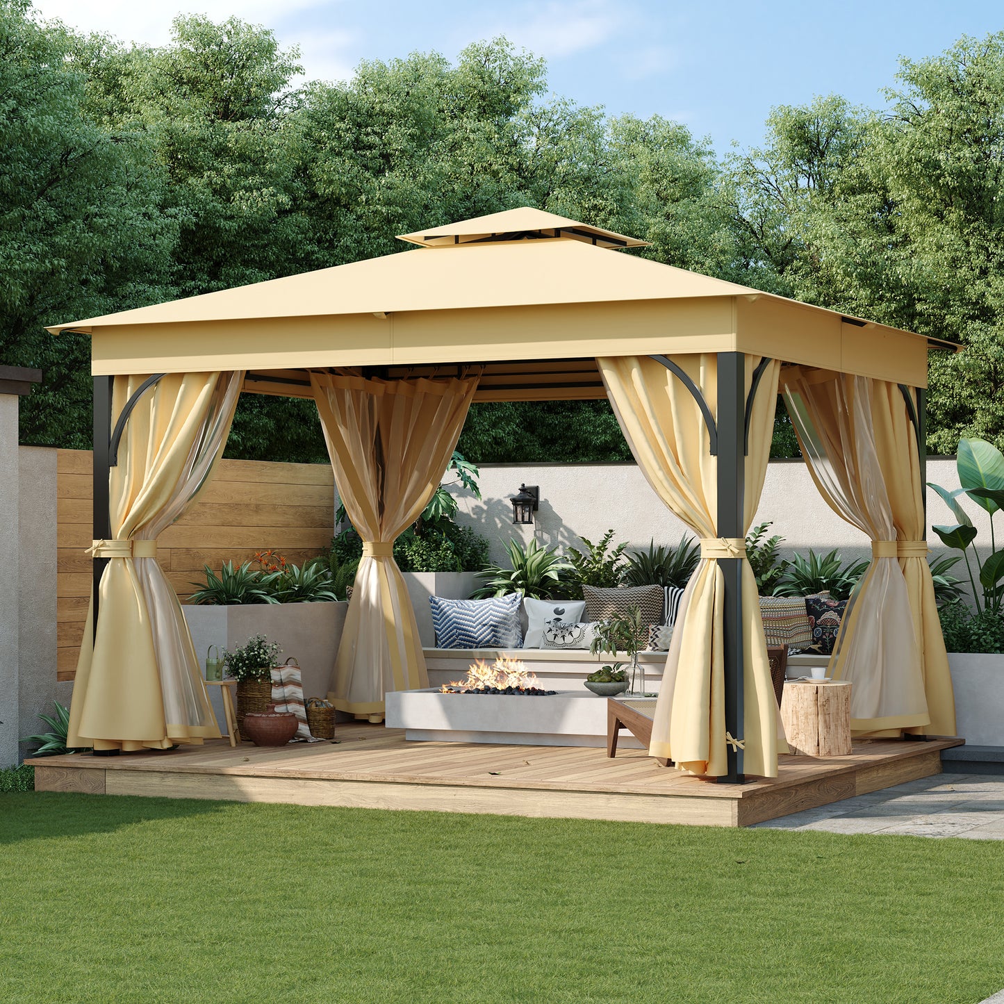 TREXM 10x12 Outdoor Gazebo Tent with Double Roofs, Patio Gazebo with Mosquito Netting and Privacy Screens, Patio Canopy for Shade and Rain for Backyard, Garden, Lawn and Deck (Beige)