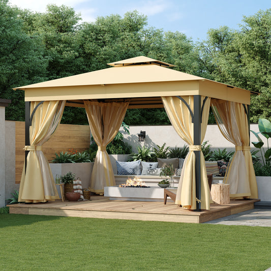 TREXM 10x12 Outdoor Gazebo Tent with Double Roofs, Patio Gazebo with Mosquito Netting and Privacy Screens, Patio Canopy for Shade and Rain for Backyard, Garden, Lawn and Deck (Beige)
