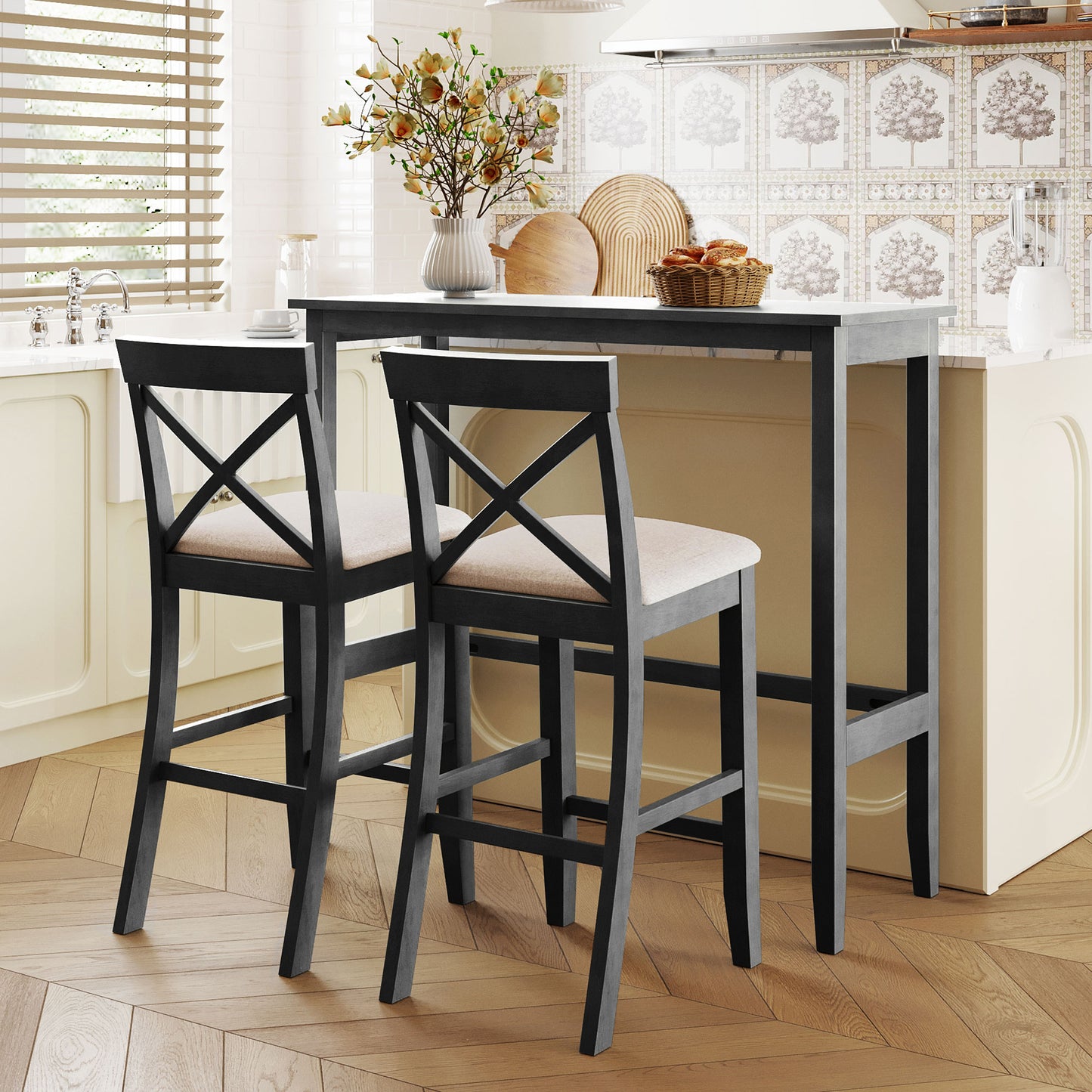 TOPMAX Farmhouse 48'Rectangular Wood Bar Height Dining Set Kitchen Breakfast Nook with 2 Chairs for Small Places,Gray