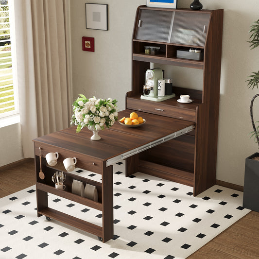 TOPMAX Compact 33.5x15.7x69inch Buffet with Hutch and Foldable Dining Table, Multifunctional Cupboard with Storage Shelf and Side Hooks for Small Places,Studio, Apartment, Walnut