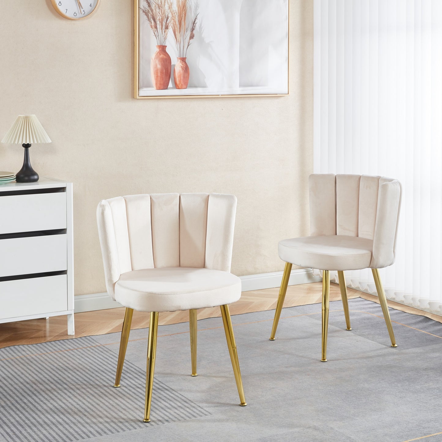 Modern WHITE dining chair(set of 2 ) with iron tube golden color legs, velvet and comfortable backrest, suitable for dining room, living room, cafe, simple structure.