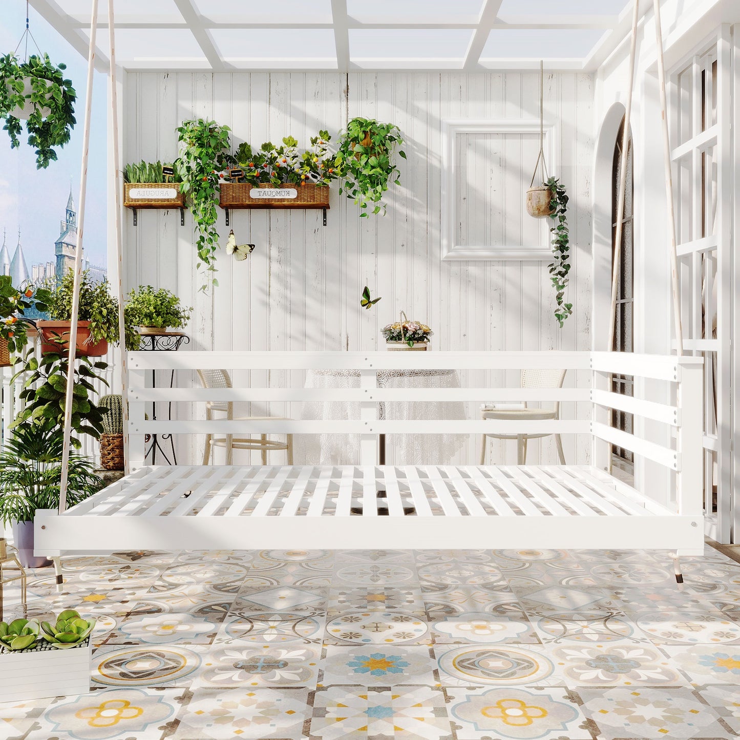 TOPMAX Country Patio Wooden Twin Size Swing Daybed Porch Swing Frame with 4pcs 96-inch Hemp Ropes for Backyard, Garden, White