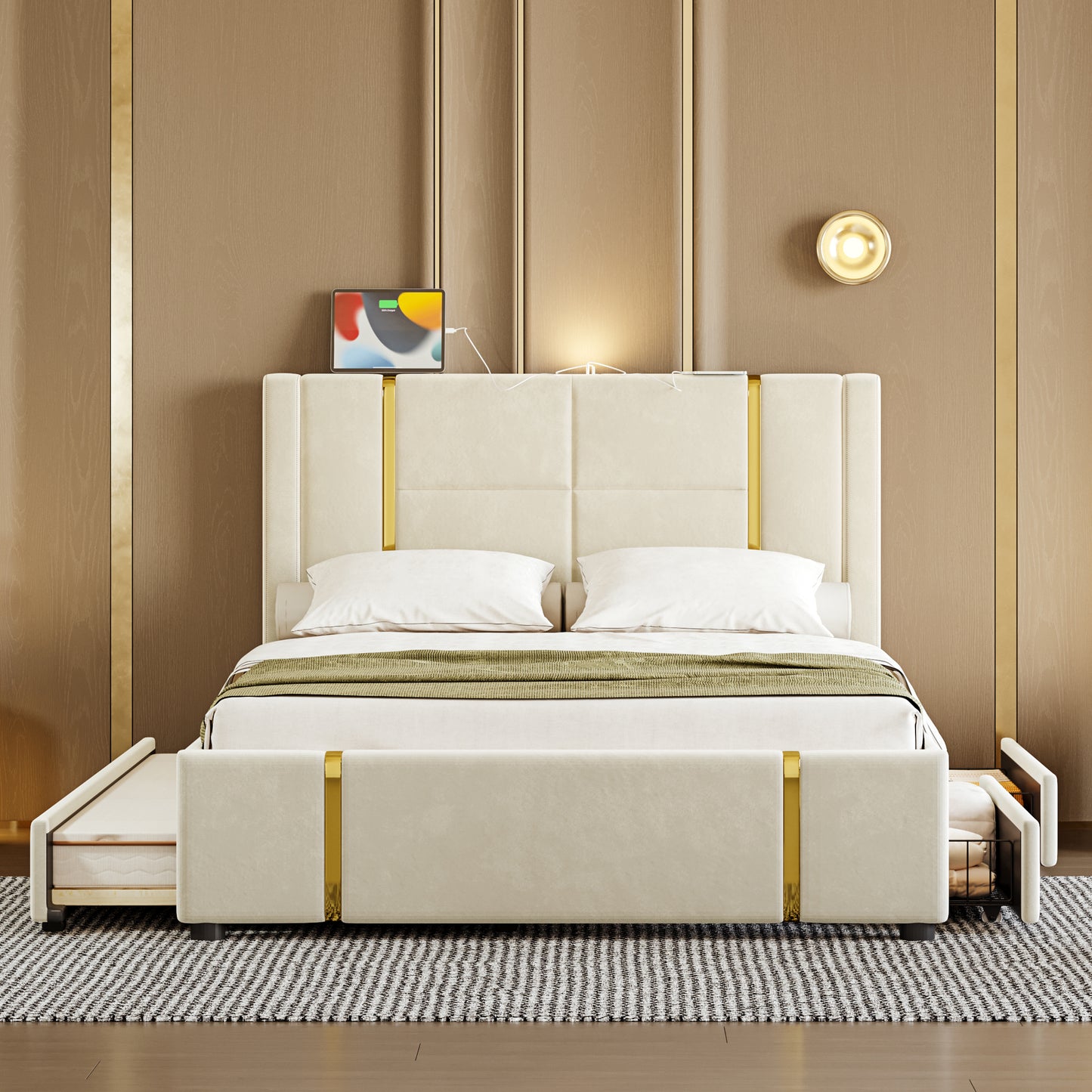 Queen Size Upholstered Bed with Trundle Bed and 2 Drawers,Modern Platform Bed with Gold Decoration, Night Light and USB Charger, Beige