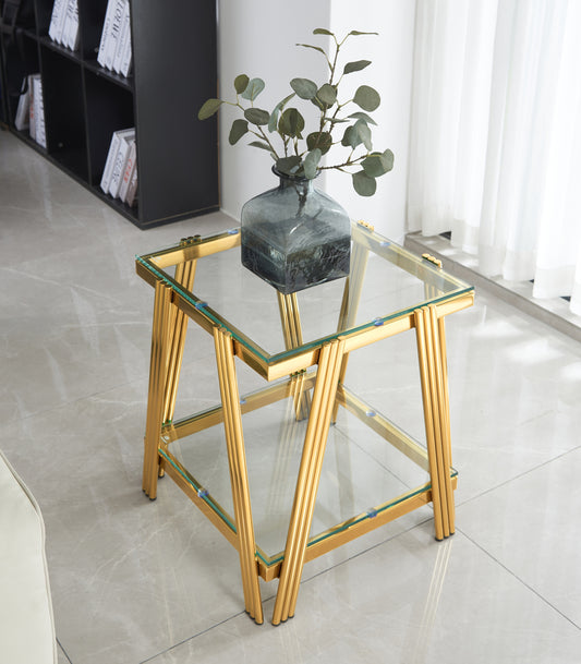 20 Inch Square End Table, Modern Stainless Steel End Table, Double-Layer Clear Tempered Glass Coffee Table, Side Table with Storage, for Living Room Home Office, Gold