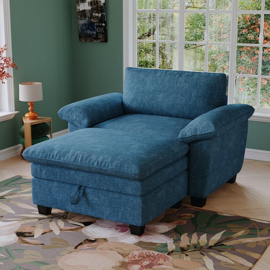 51' Oversize Chaise Lounge Chair with Ottoman and Storage  Upholstered Soft Chenille Blue