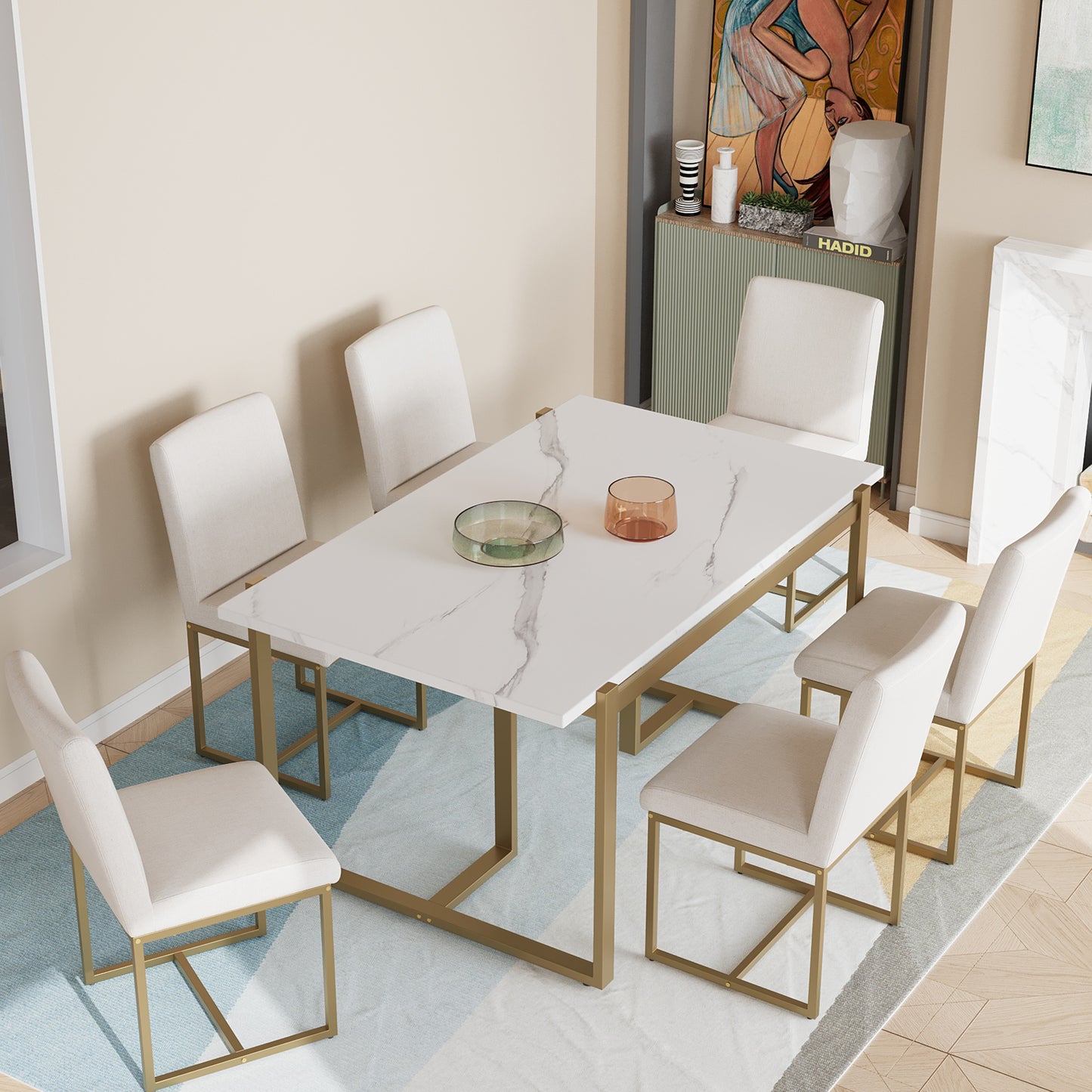 TOPMAX Modern Dining Table Set for 6 Faux Marble Kitchen Table Set with 6 Upholstered Dining Chairs, 7-Piece, White+Golden