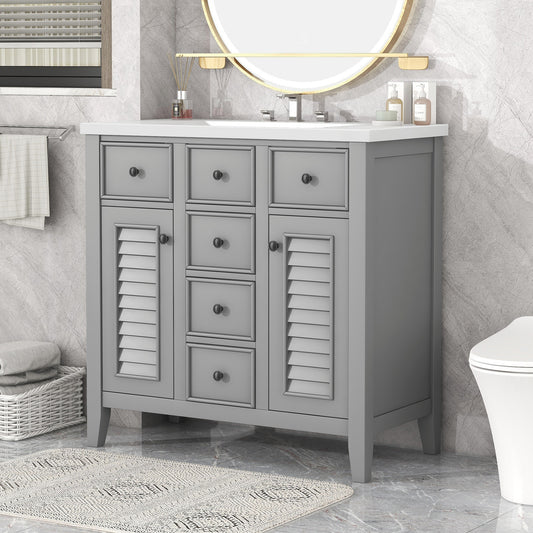 36' Bathroom Vanity with Ceramic Basin, Two Cabinets and Five Drawers, Solid Wood Frame, Grey (OLD SKU: SY999202AAE-1)