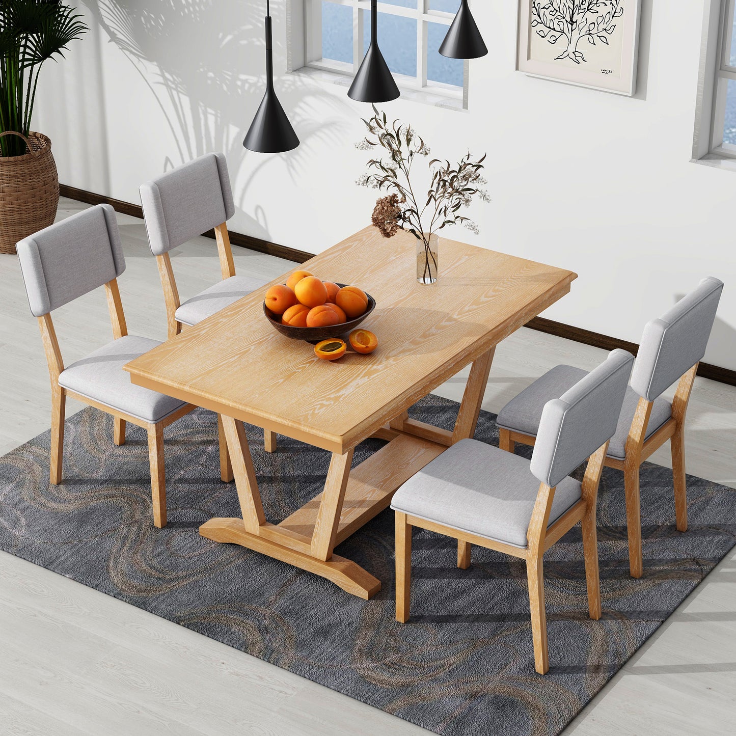 TOPMAX Rustic 5-piece Dining Table Set with 4 Upholstered Chairs, 59-inch Rectangular Dining Table with Trestle Table Base, Naural