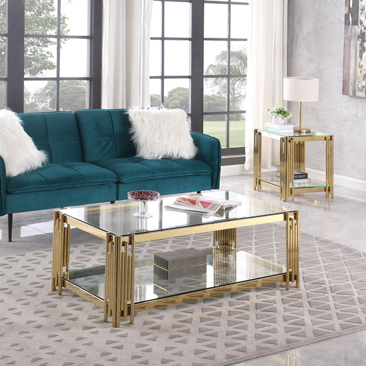 Woker Furniture  48' Wide Rectangular Coffee Table with Glass Top, Golden Stainless Steel Double-Layer Coffee Table for Living Room