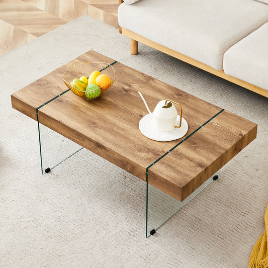 43.3'x23.6' Wood colored texture sticker MDF Coffee Table with Tempered glass legs.Suitable for Living Room.It can be used not only as a coffee table but also as a side table or display stand.