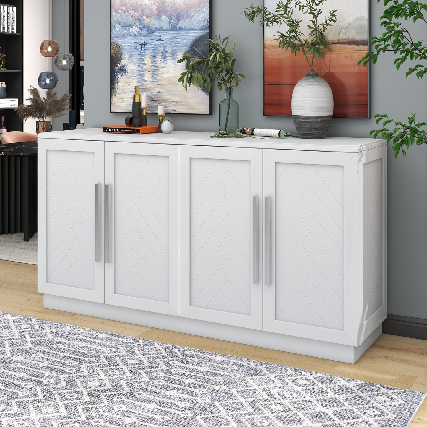 TREXM Sideboard Buffet Cabinet with Storage, Buffet Cabinet with Adjustable Shelves and Silver Handles Sideboard Cabinet for Kitchen, Dining Room, Living Room, White