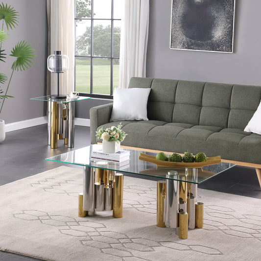 Stainless Steel Rectangular Accent Glass Coffee Table for Living Room- 48' Modern Sleek Center Table Table with Clear Tempered Glass