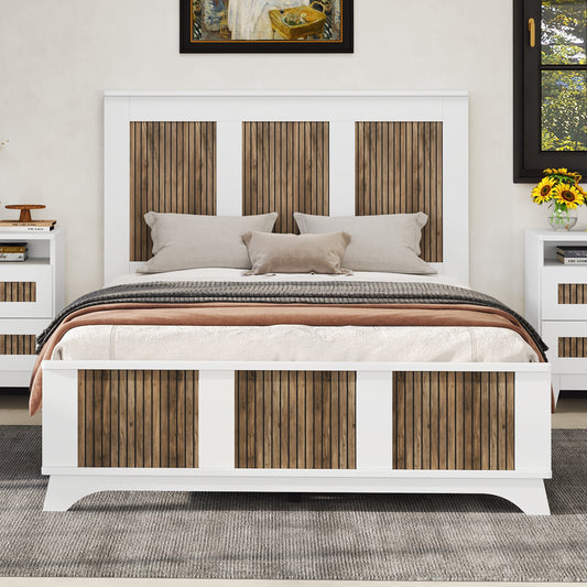 Farmhouse Wooden Platform Full Size Bed, Modern Platform Bed with Wooden Strip Decoration, Plywood Slats Support, White