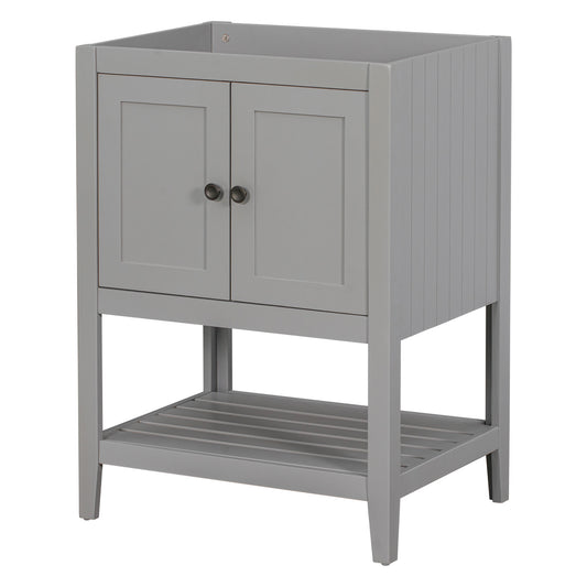 24' Bathroom Vanity Base Only, Soild Wood Frame, Bathroom Storage Cabinet with Doors and Open Shelf, Grey