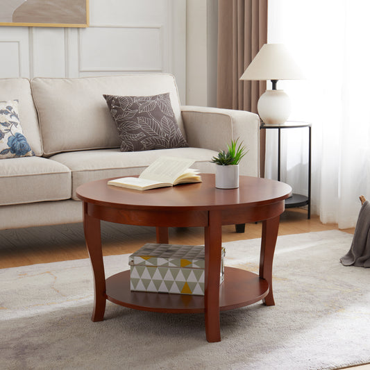 Traditional Round Coffee Table with Open Storage Shelf,2-Tier Storage Wood Center Circle Accent Table for Living Room, Bedroom, Apartment, Studio and Small Spaces, 30 x 30 x 18 inches