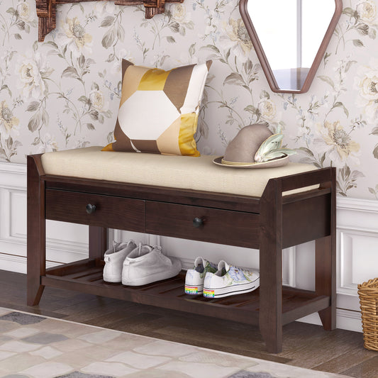 TREXM Multipurpose Entryway Storage Bench with Cushioned Seat and Drawers, Espresso Solid Wood