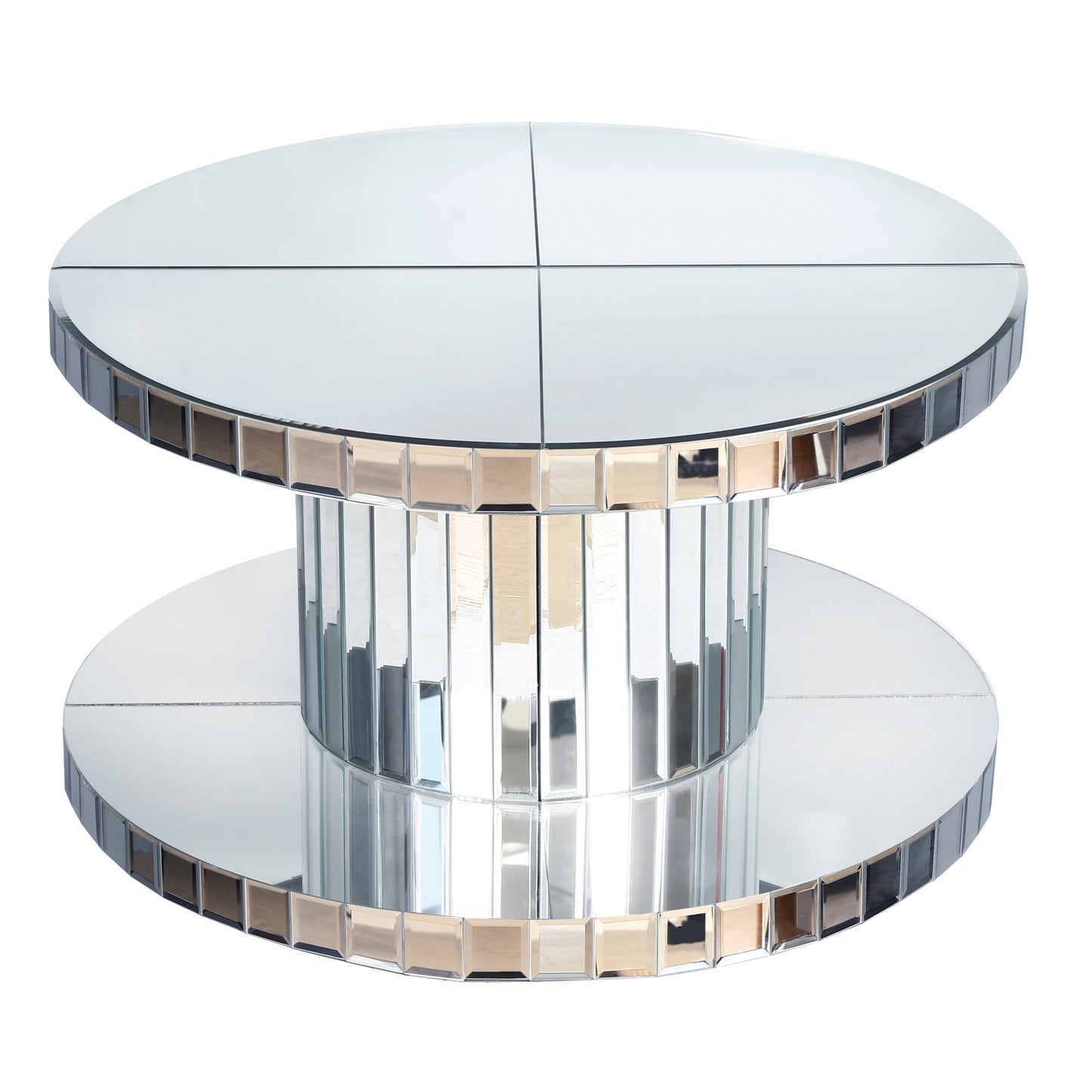 Luxury Double-Tier Round Mirror Coffee & End Table with Fluted Glass - Modern Sofa Side Table, Silver, MDF+Glass, 31.5' Diameter
