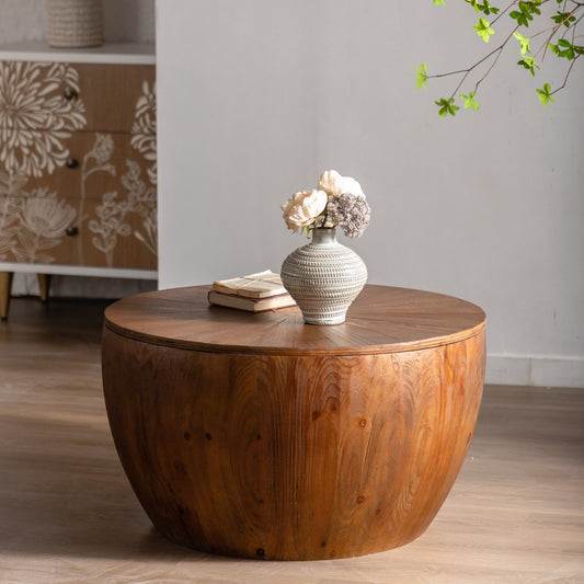 31.50'Vintage Style Bucket Shaped Coffee Table with storage function, for Office, Dining Room and Living Room, Brown