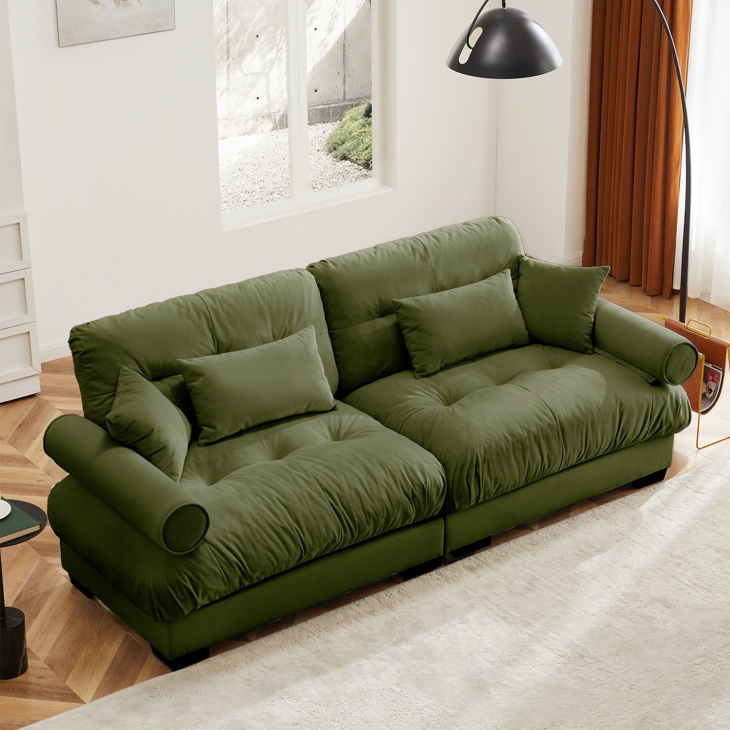 Large Size Modern Two-seater Sofa with Bolstered Armrests,Velvet 2-Seater Sofa With Waist Pillows and Throw Pillows , Suitable for Living Room , Loft, Working Spaces , Hallway and Bedroom,Olive green