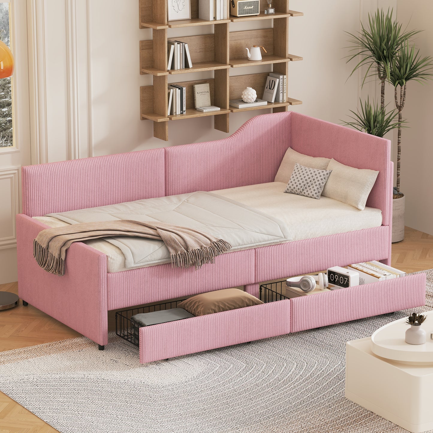 Twin Size L-Shaped Corduroy Daybed,Upholstered Bed Frame with 2 Storage Drawers,Pink