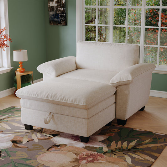 51' Oversize Chaise Lounge Chair with Ottoman and Storage  Upholstered Soft Chenille Beige
