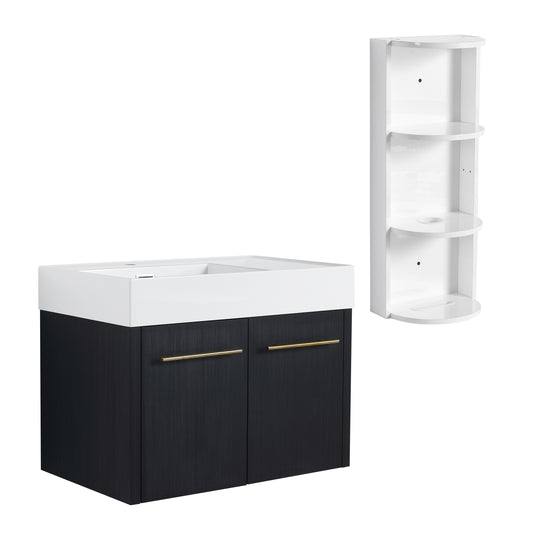Modern Style 30 Inch Wall-Mounted Bathroom Vanity with Resin Sink and Storage Rack, Black Chestnut Plywood