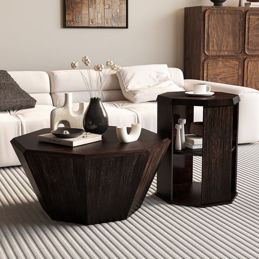 31.5 'Octagonal Black Walnut Rubber wood Set of Two Coffee Table, Coffee Table, Living Room Bedroom(Set of Two Pieces)