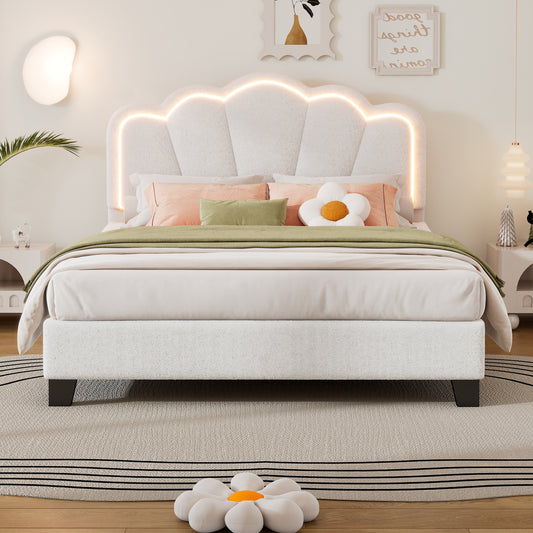 Full Size Upholstered Flower-Shape Bed, Elegant Flowers Headboard with LED Light Strip, Sherpa Fabric Platform Bed with Wooden Slats Support, White