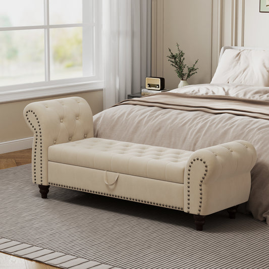 64.5' Bed Bench for Bed Room Nails Tufted Chaise of Lounge with Storage Velvet Upholstery Beige