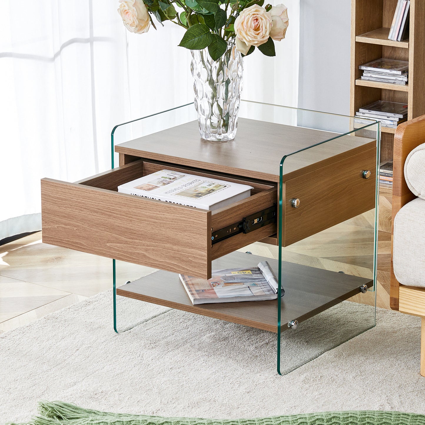 Bedside table with drawers.The board surface is MDF with wood grain sticker,and both sides are transparent tempered glass.The design is simple,elegant, with excellent storage functions.Coffee Table.
