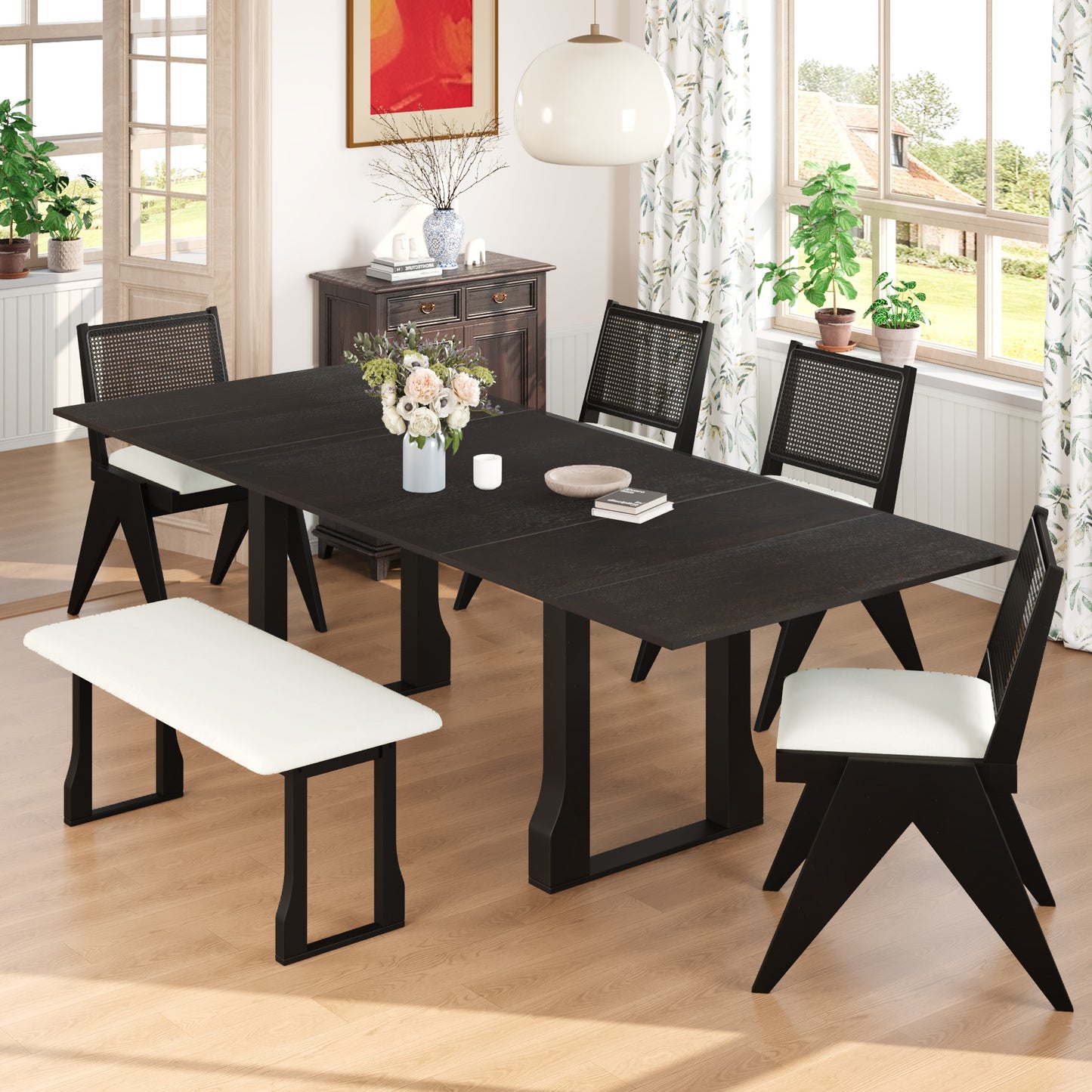 TOPMAX Modern 6-Piece 82.7inch Extendable Dining Table Set with 4 Wicker Back Upholstered Dining Chairs and Long Bench, Two 11.8-inch Removable Leaf,Espresso