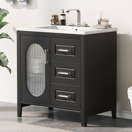 30' Bathroom Vanity with Sink, Bathroom Vanity Cabinet with Two Drawers and Door, Adjustable Shelf, Solid Wood and MDF, Black