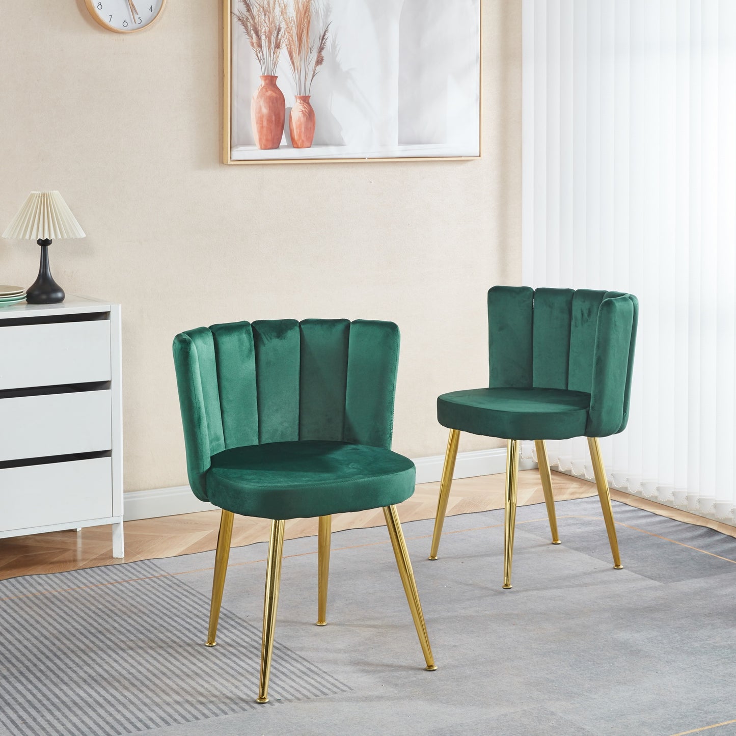 Modern GREEN  dining chair(set of 2 ) with iron tube golden color legs, velvet and comfortable backrest, suitable for dining room, living room, cafe, simple structure.